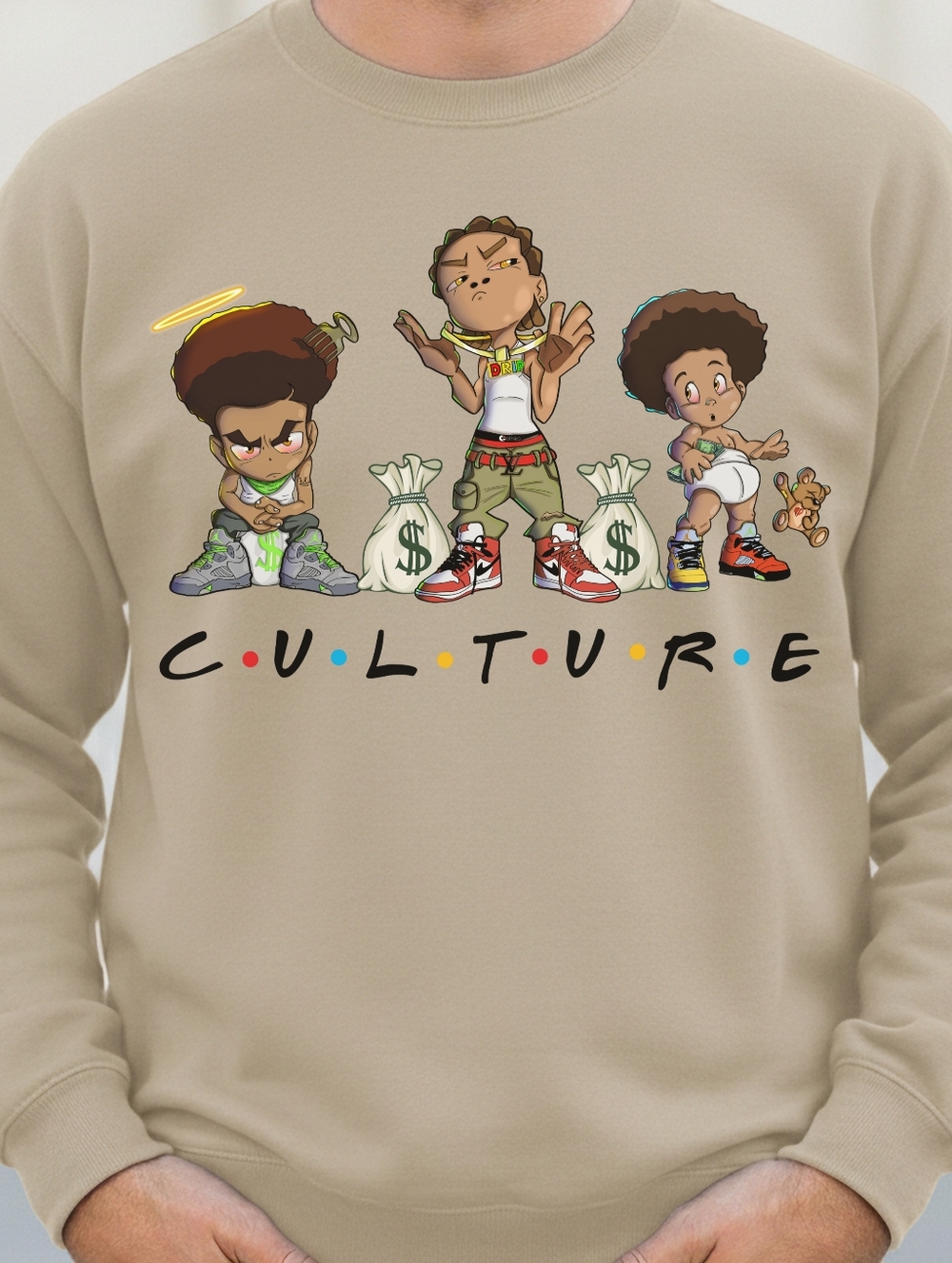 Gildan Beige Crewneck Sweatshirt with Colorful Culture Cartoon Graphic